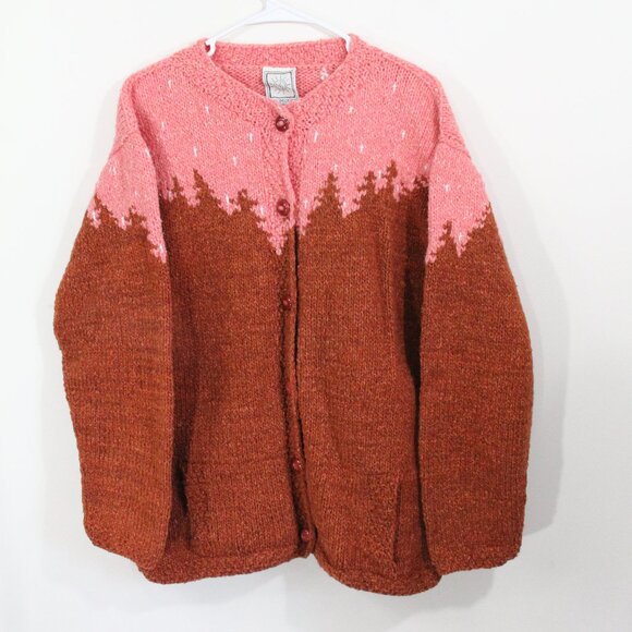 Women Chunky Knit Cardigan Sweater Hand knit Large XL Del Mundo Vintage Heavy - Picture 1 of 11
